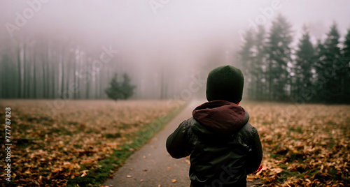 A person walking on a dirt path through a foggy forest.