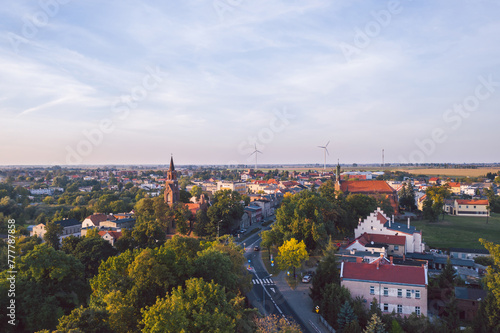 Obraz na płótnie Aerial skyline cityscape of Miłosław at sunset, a town in Września County, Greater Poland Voivodeship (Wielkopolska), Poland w salonie