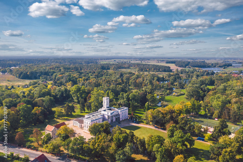 The palace of the Mielżyński and Kościelski noble families with the adjacent Miloslaw Park in Miłosław, Września County, Greater Poland Voivodeship (Wielkopolska), Poland