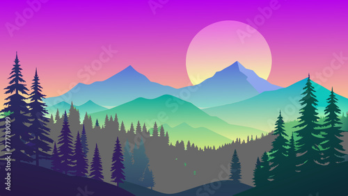 Nature’s Palette: A Vibrant Vector Illustration of a Colorful Mountain Landscape with Sun and Trees