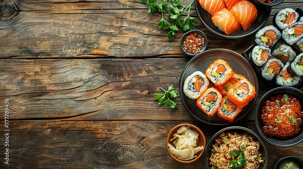 Asian food served on white wooden table and black background, top view, space for text. Asian food served on white wooden table and black background, top view, space for text.