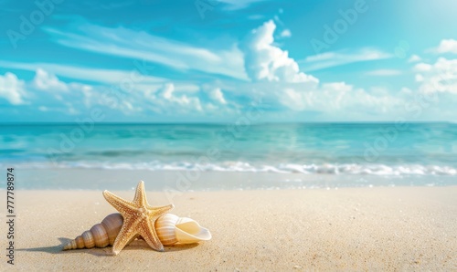 Seashell Starfish on Sandy Beach: Tranquil Blue Summer Vacation Concept. - generative ai
