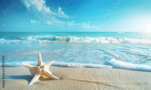 Seashell Starfish on Sandy Beach  Tranquil Blue Summer Vacation Concept. - generative ai