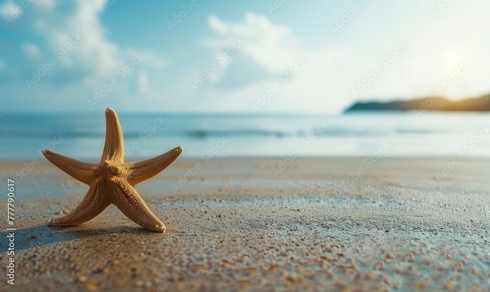 Seashell Starfish on Sandy Beach: Tranquil Blue Summer Vacation Concept. - generative ai Seashell Starfish on Sandy Beach: Tranquil Blue Summer Vacation Concept. - generative ai