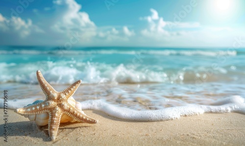 Seashell Starfish on Sandy Beach  Tranquil Blue Summer Vacation Concept. - generative ai