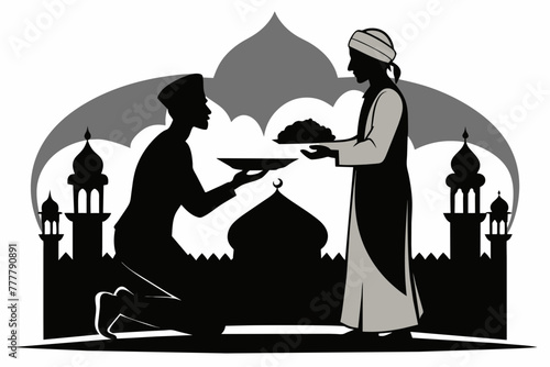 A man giving his neighbor a plate of food silhouette black vector illustration photo