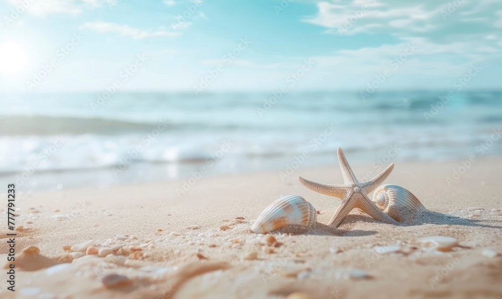 Seashell Starfish on Sandy Beach: Tranquil Blue Summer Vacation Concept. - generative ai Seashell Starfish on Sandy Beach: Tranquil Blue Summer Vacation Concept. - generative ai