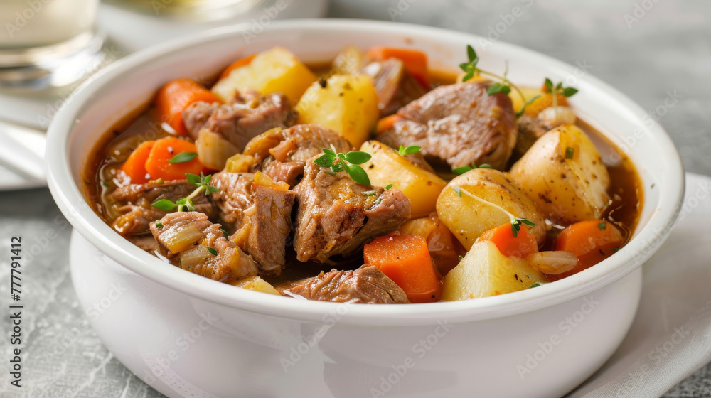 Traditional irish beef stew in white bowl Traditional irish beef stew in white bowl
