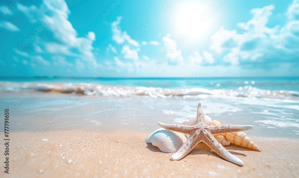 Seashell Starfish on Sandy Beach: Tranquil Blue Summer Vacation Concept. - generative ai Seashell Starfish on Sandy Beach: Tranquil Blue Summer Vacation Concept. - generative ai