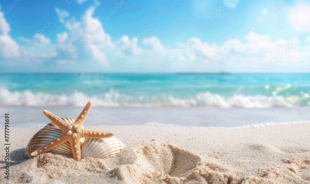 Seashell Starfish on Sandy Beach: Tranquil Blue Summer Vacation Concept. - generative ai Seashell Starfish on Sandy Beach: Tranquil Blue Summer Vacation Concept. - generative ai