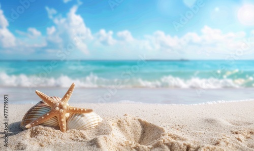 Seashell Starfish on Sandy Beach: Tranquil Blue Summer Vacation Concept. - generative ai