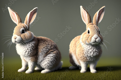 Two white rabbits standing next to each other on a green background. © Miklos