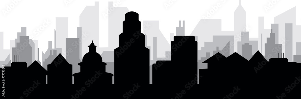 Black cityscape skyline panorama with gray misty city buildings background of MADRID, SPAIN