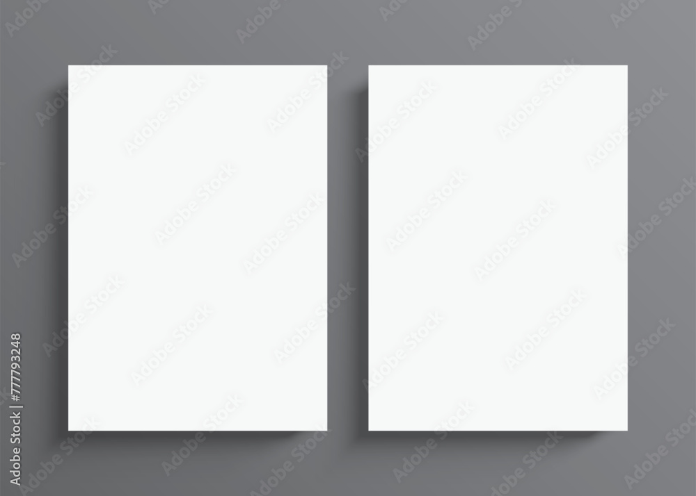 2 blank white paper posters hanging on a grey wall background. Poster gallery vector mockup for vertical art, image, or text placement. 2 blank white paper posters hanging on a grey wall background. Poster gallery vector mockup for vertical art, image, or text placement.