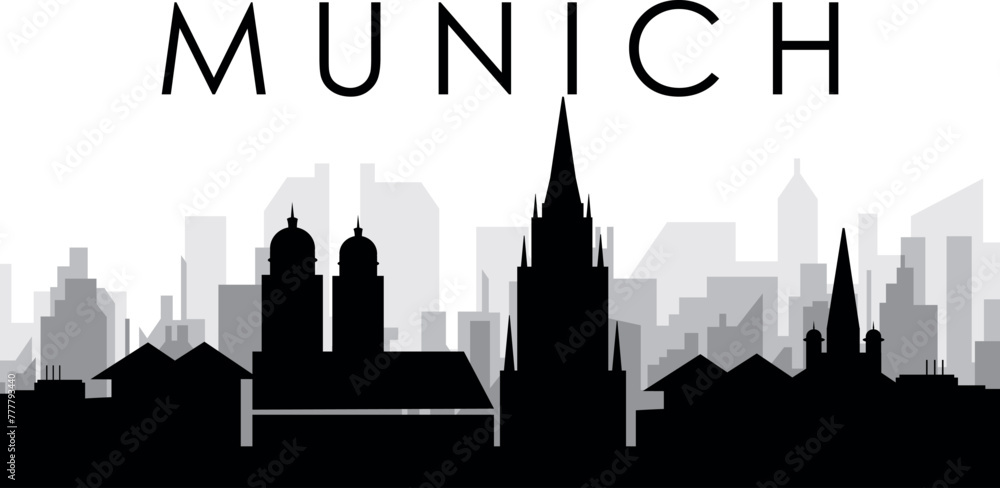 Obraz premium Black cityscape skyline panorama with gray misty city buildings background of MUNICH, GERMANY