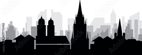 Black cityscape skyline panorama with gray misty city buildings background of MUNICH, GERMANY