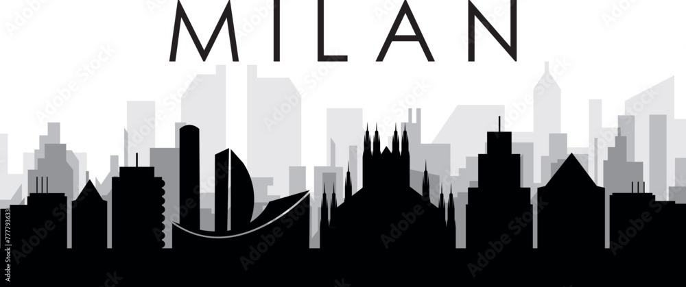 Black cityscape skyline panorama with gray misty city buildings background of MILAN, ITALY