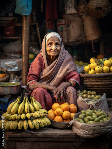 Fototapeta Naklejka Na Ścianę i Meble -  Indian old woman selling fruits on a stall. Generative AI.