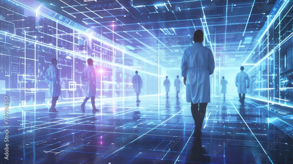 Several people in suits walk in the digital world, an abstract image that signifies the transition from the traditional media world to the modern medical era. Several people in suits walk in the digital world, an abstract image that signifies the transition from the traditional media world to the modern medical era.