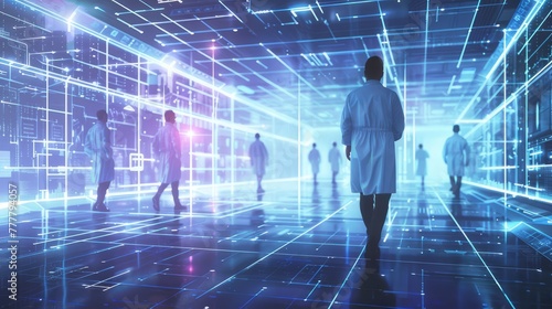 Several people in suits walk in the digital world, an abstract image that signifies the transition from the traditional media world to the modern medical era.