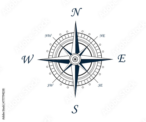 Wind Rose and compass vector in black and white color on isolated white background. Vector illustration on white background. Icon and symbol.