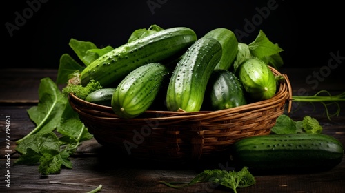 Fresh ripe cucumbers on dark wooden table, flat lay. Space for text