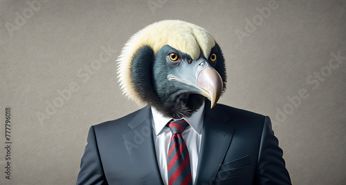 A bird wearing a suit and tie standing in front of a gray background. photo