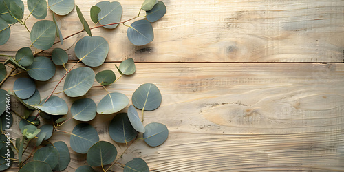 Wooden surface seen from above with eucalyptus leaves ornament