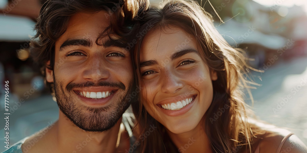 Fototapeta premium Couple smiling on vacation, beach background