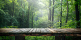 Wooden table made with planks, forest background. Place to place product