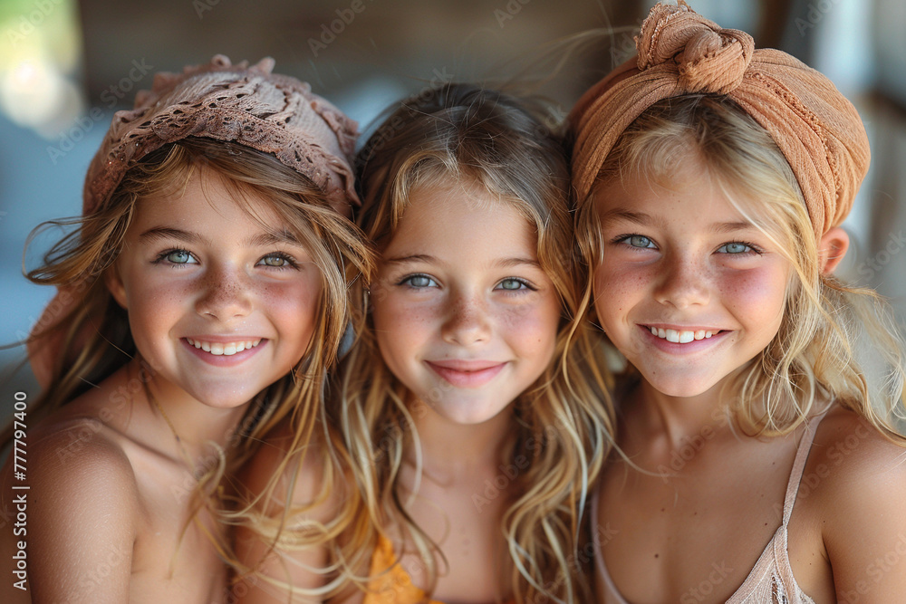 Three little lovely beautiful girls are smiling in summer. Three little lovely beautiful girls are smiling in summer.