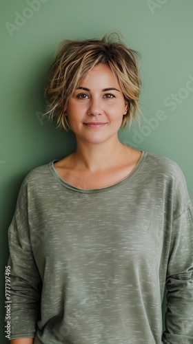 mature slightly overweight woman with a round face, short stylish hair 