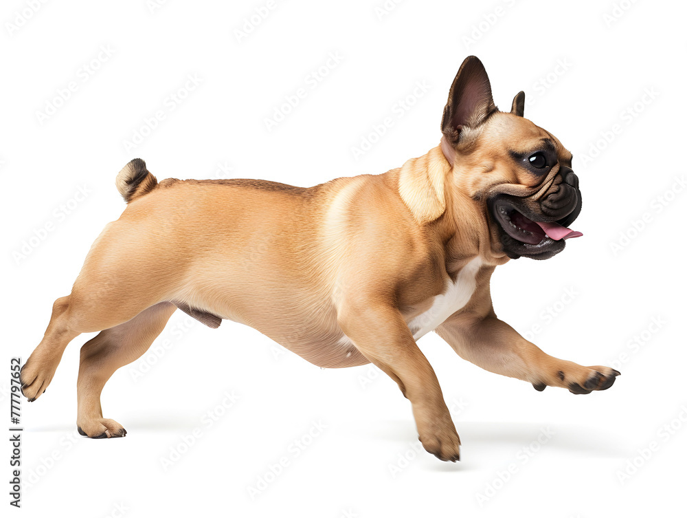 Cute and adorable brown french bulldog running with happy face on white background, side view photograph. studio shot.
