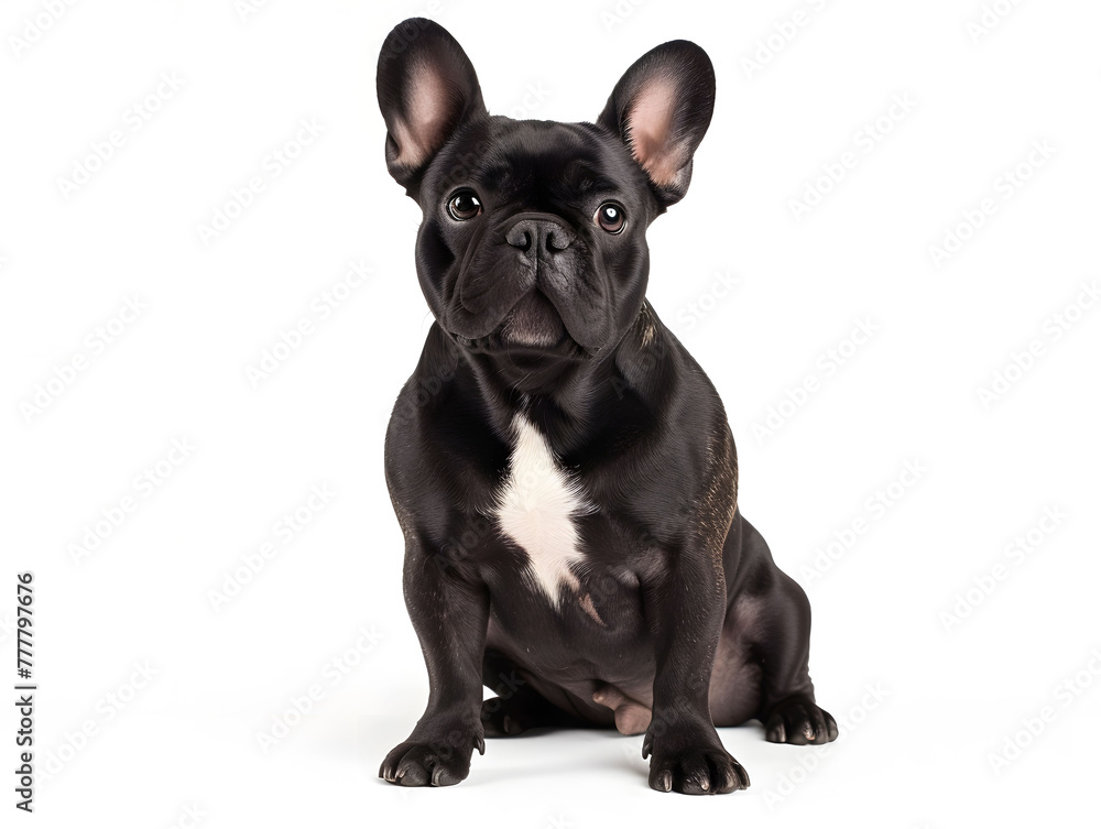 Cute and adorable black french bulldog sitting on white background, top view photograph. studio shot.