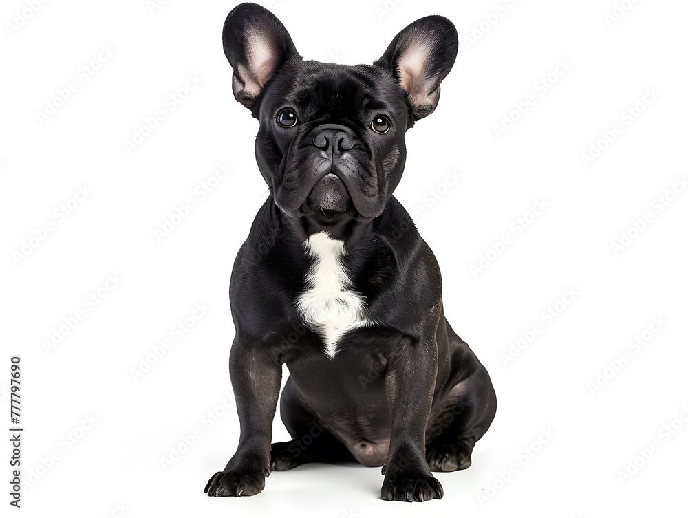 Cute and adorable black french bulldog sitting on white background, top view photograph. studio shot.