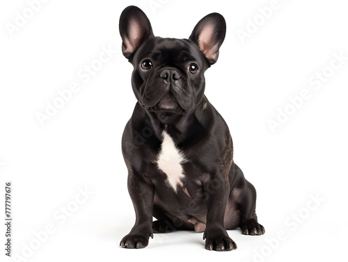 Cute and adorable black french bulldog sitting on white background, top view photograph. studio shot. © thebaikers