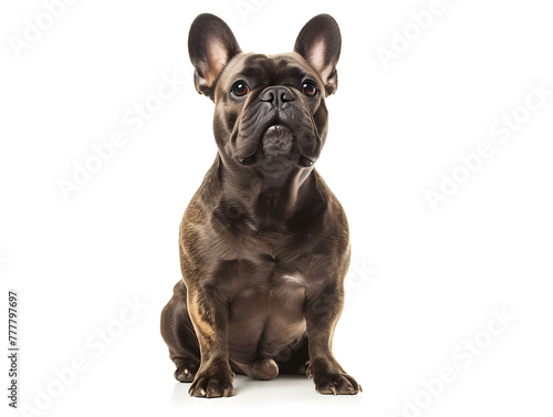 Cute and adorable black french bulldog sitting on white background  top view photograph. studio shot.