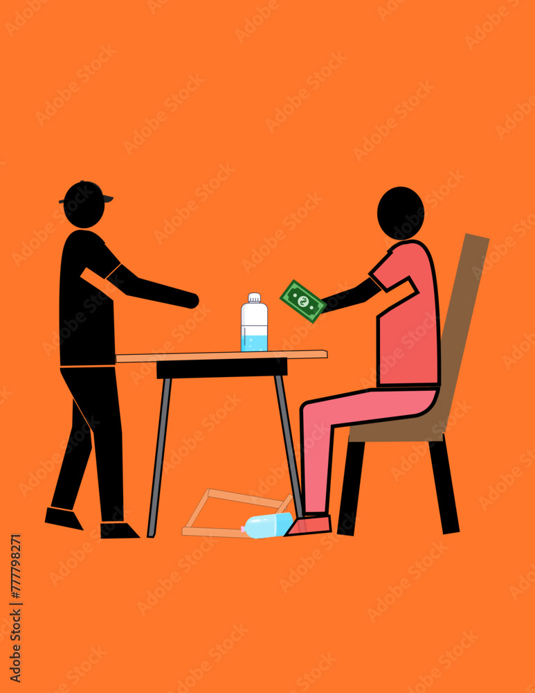 A man in a red shirt sits in a chair next to a table with a bottle holding a dollar bill A man in a red shirt sits in a chair next to a table with a bottle holding a dollar bill