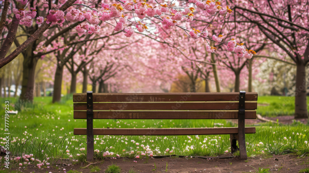Tranquil park bench amidst blossoming spring trees