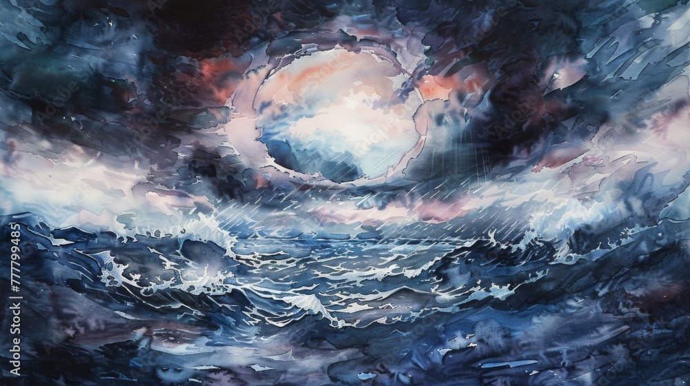 A vivid watercolor painting depicting a tempestuous sea under a turbulent sky, the setting sun casting a warm glow through the tumult.