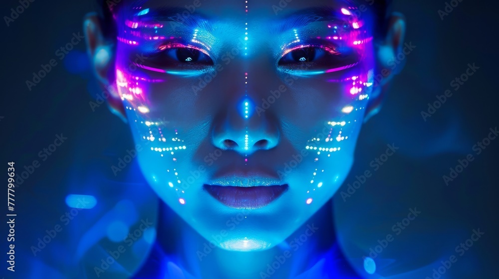 A Thai model's face is lit with holographic stickers, creating a mesmerizing vision of future beauty. A Thai model's face is lit with holographic stickers, creating a mesmerizing vision of future beauty.