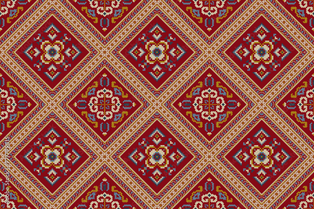 Geometric ethnic oriental seamless pattern on red background vector illustration.floral pixel art concept