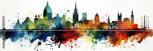 An abstract watercolor painting depicting a lively European cityscape with a striking mix of colors, showcasing the vibrant essence of urban life. Panoramic Composition.