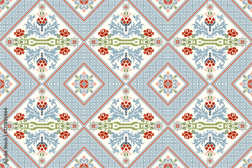 Geometric ethnic oriental seamless pattern on white background vector illustration.floral pixel art concept 