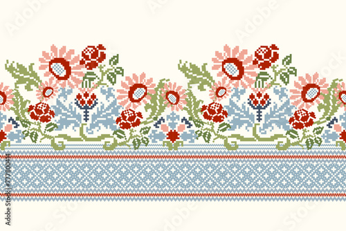 Ukrainian Geometric ethnic oriental pattern on white background vector illustration.floral pixel art fabric  photo