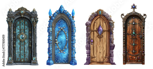 cartoon pixel art collection of medieval fantasy magic door designs isolated on white background