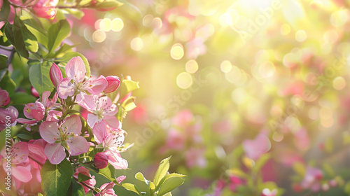 Close-up of pink spring blossoms with sunlit bokeh background