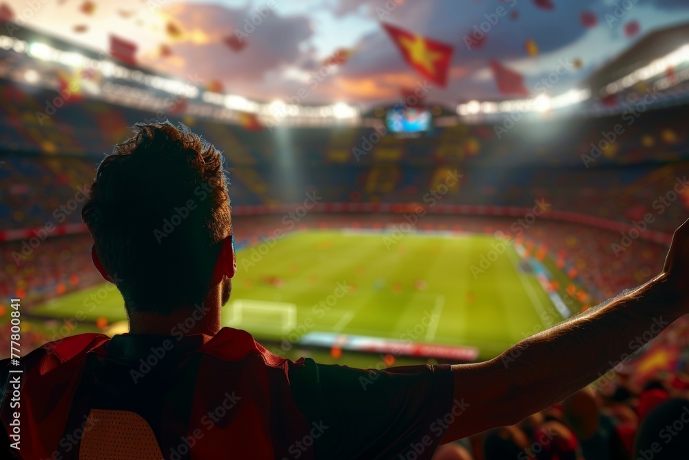 A man is standing in a stadium watching a soccer game. Football fan celebrating a goal or victory - obrazy, fototapety, plakaty 