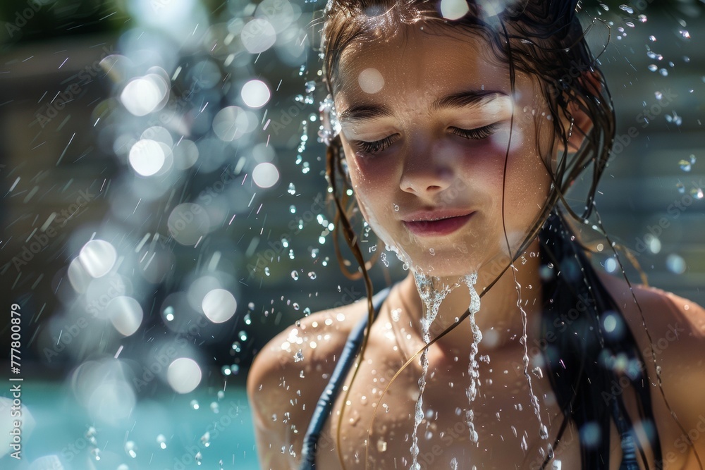 A girl is standing under a water spray, with her hair wet