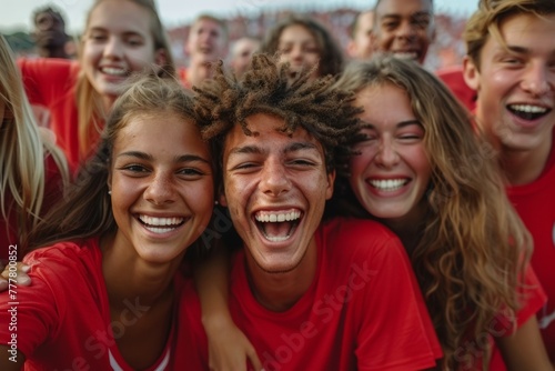 A group of people wearing red shirts are smiling and hugging each other. Football fans celebrate victory